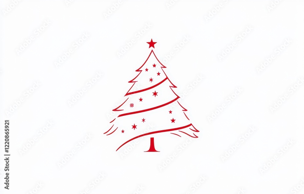 A line drawing of a beautifully decorated Christmas tree with a star A line drawing of a beautifully decorated Christmas tree with a star
