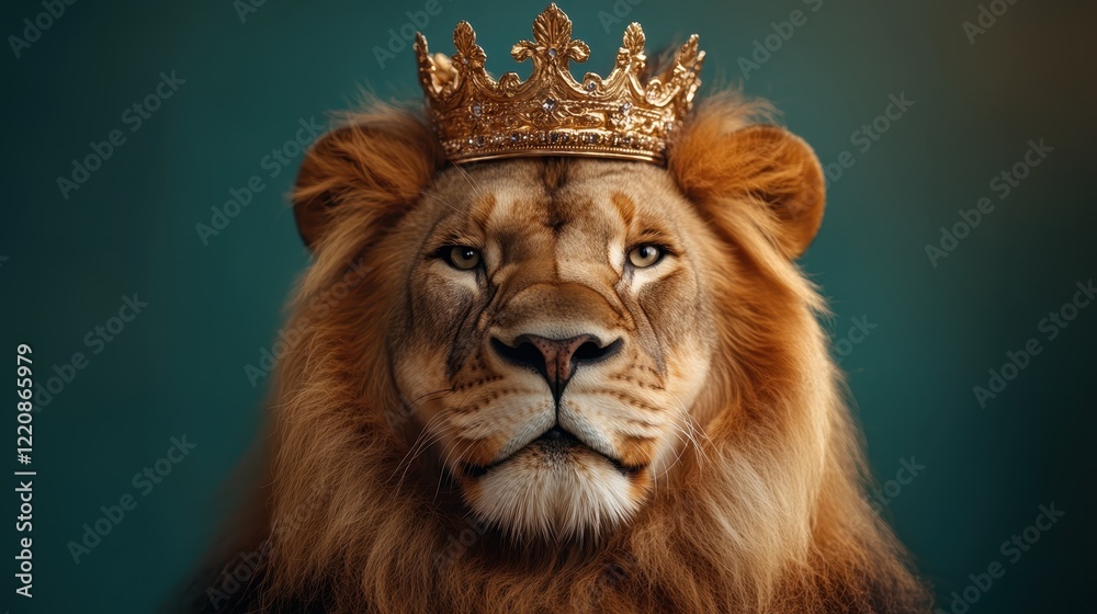 Fototapeta premium This stunning close-up captures a noble lion wearing a crown, beautifully shot to emphasize its fierce expression and striking features, representing majesty and power.
