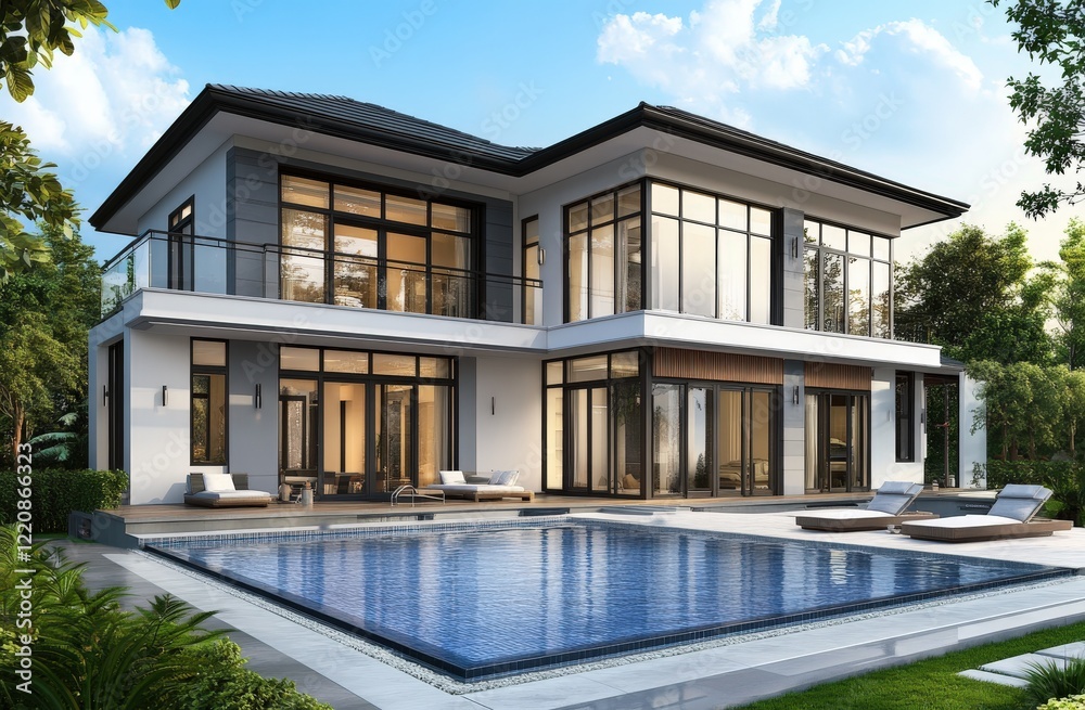 Fototapeta premium A large white house featuring a spacious swimming pool in the backyard