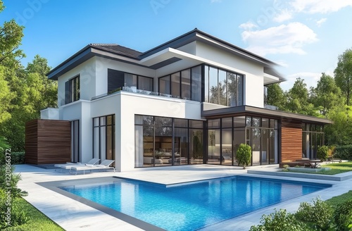 A large white house featuring a spacious swimming pool in the backyard