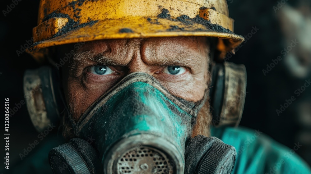 Fototapeta premium This close-up features a rugged miner wearing a face mask and a yellow helmet, revealing determined blue eyes that highlight the challenges faced in the mining industry.