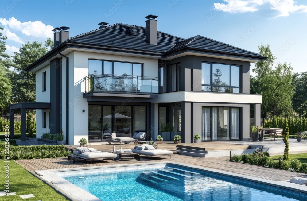 Fototapeta premium A large white house featuring a spacious swimming pool in the backyard