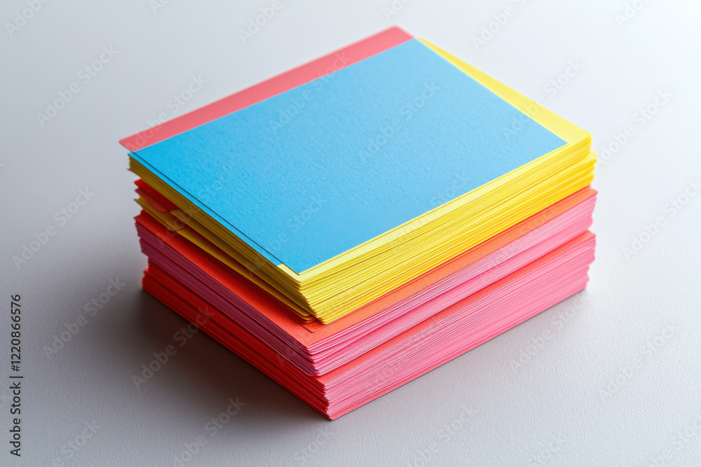 Colorful stack of index cards in blue, yellow, and pink hues Colorful stack of index cards in blue, yellow, and pink hues