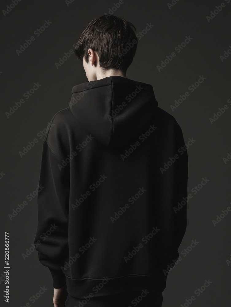 Obraz premium A young man in a plain black hoodie, standing with his back to the camera.
