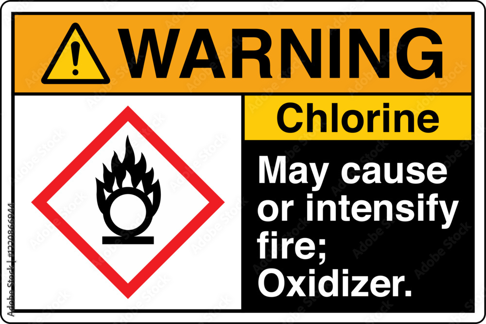 Obraz premium ANSI Z535 GHS Chemicals Label Warning Chlorine May Cause or Intensify Fire Oxidizer Horizontal Black