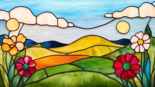 Wallpaper Mural Vibrant Stained Glass Landscape with Flowers and Colorful Sky Torontodigital.ca