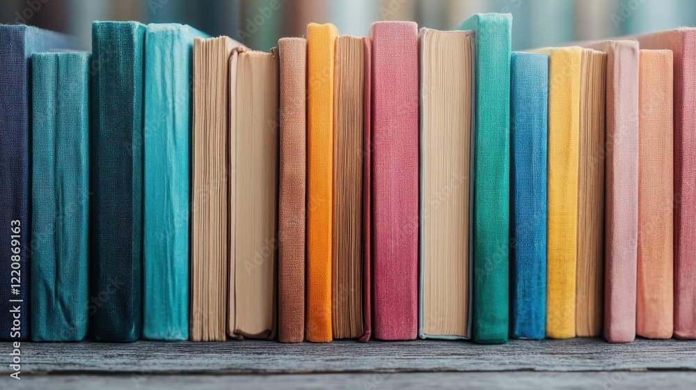 An appealing arrangement of colorful book spines on a rustic wooden surface, presenting a visually striking perspective that evokes a love for reading and knowledge. An appealing arrangement of colorful book spines on a rustic wooden surface, presenting a visually striking perspective that evokes a love for reading and knowledge.