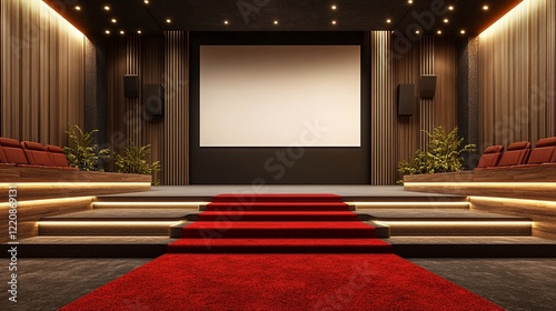 The image shows an empty movie theater with red carpet and steps leading to the screen. photo