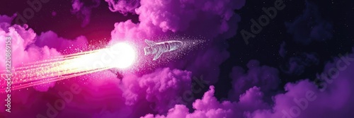 A spaceship hurtles through the darkness of space, leaving a trail of glittering stardust in its wake, surrounded by swirling clouds of purple and pink gas, cosmos, space travel photo