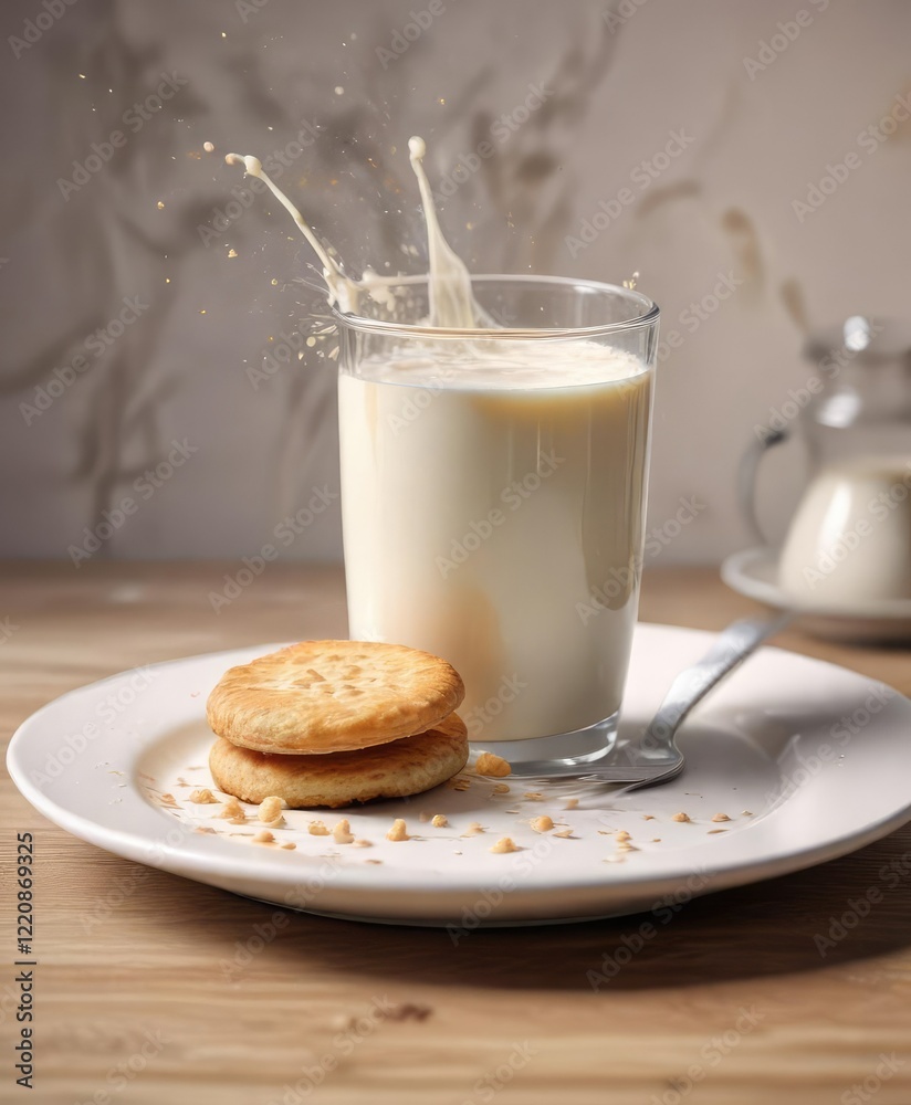 A splash of milk on a plate with a biscuit in the foreground , dairy, spill A splash of milk on a plate with a biscuit in the foreground , dairy, spill