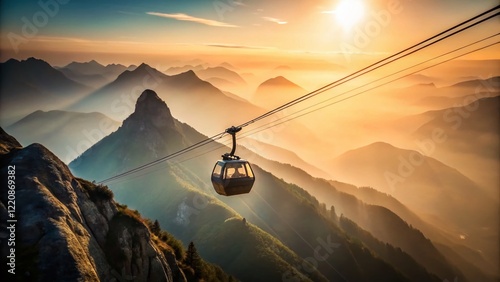 Minimalist Mountain Skyride: Aerial View of Cable Car Ascending Peak photo