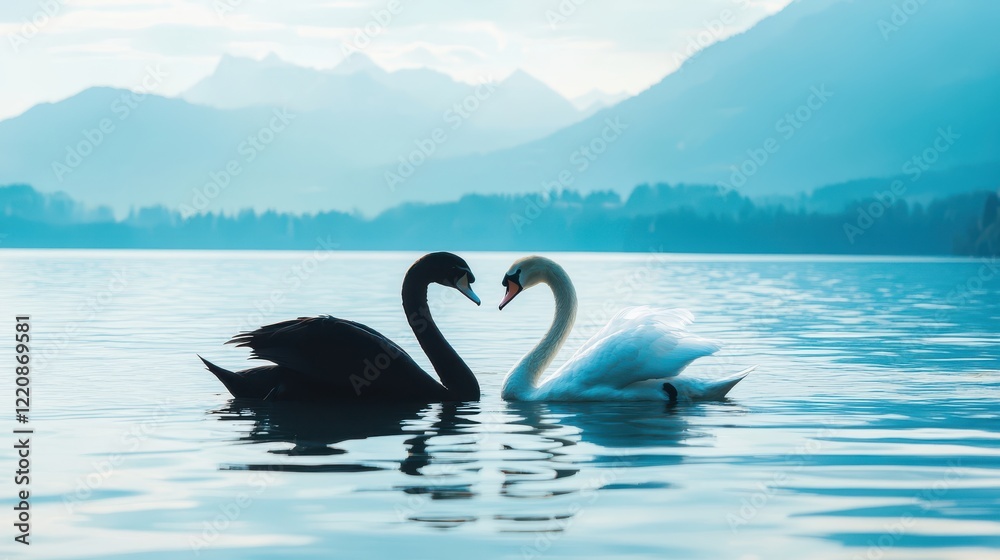Fototapeta premium Black Swan and White Bird Forming Heart Shape in Calm Water