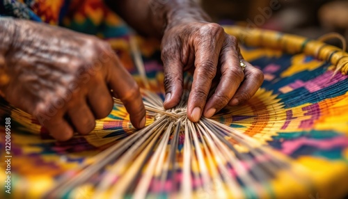 Elderly african woman weaving colorful basket with skilled hands