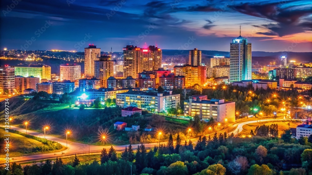 Fototapeta premium Minimalist Night Panorama: Izhevsk City Lights - Illuminated Skyline