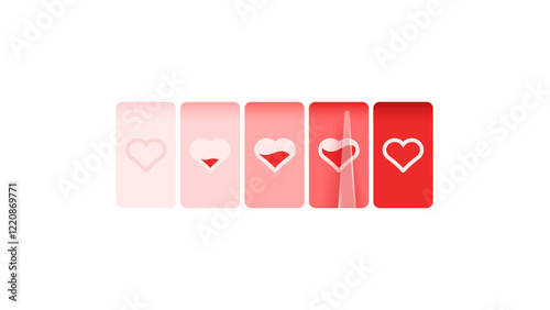 Love meter. Heart symbol isolated. Loading indicator. Progress bar. Vector eps10 illustration. Valentine's day concept. Romance measuring scale. 3d. UI element design. Flat. Relationship satisfaction.