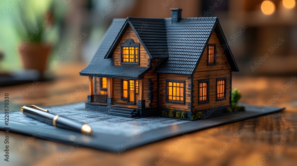 Professional adjuster reviewing claims next to a house miniature, minimalist background and copy space Professional adjuster reviewing claims next to a house miniature, minimalist background and copy space
