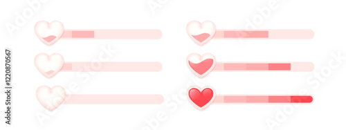 Love meter. Heart symbol isolated. Loading indicator. Progress bar. Vector eps10 illustration. Valentine's day concept. Romance measuring scale. 3d. UI element design. Flat. Relationship satisfaction.