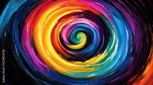 Abstract swirl of vibrant colors, featuring shades of yellow, orange, red, blue, and purple. photo