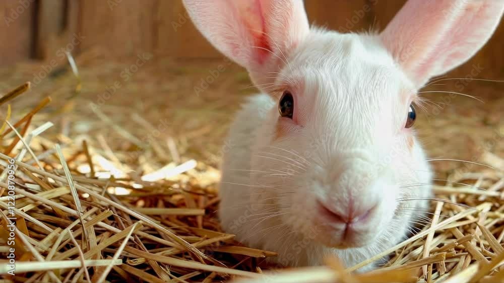 A white rabbit rests its head on straw, curiously looking around in a warm barn atmosphere. A white rabbit rests its head on straw, curiously looking around in a warm barn atmosphere.