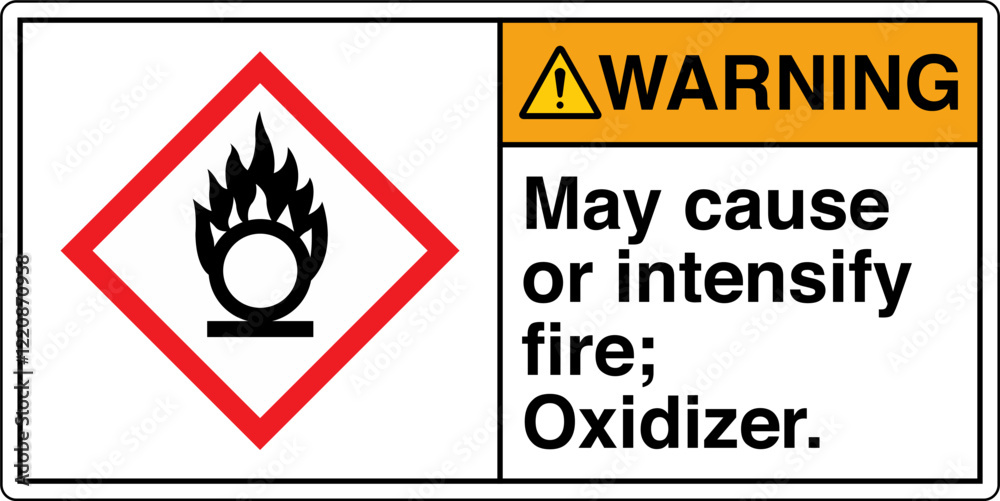 Obraz premium ANSI Z535 GHS Chemicals Label Warning May Cause or Intensify Fire Oxidizer Horizontal White