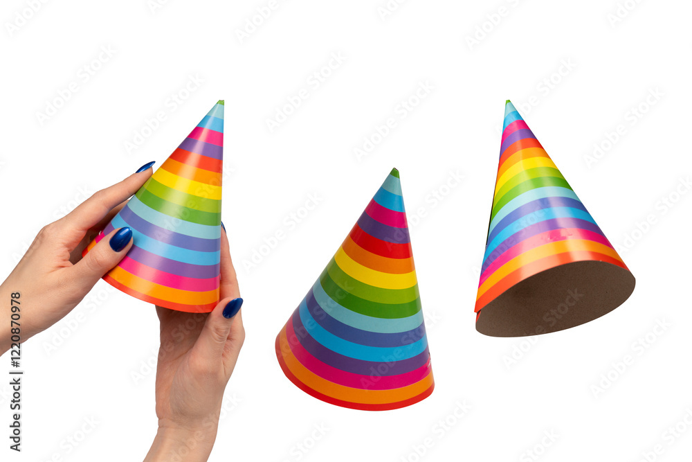 Colorful birthday cap in woman hands isolated on white background Colorful birthday cap in woman hands isolated on white background