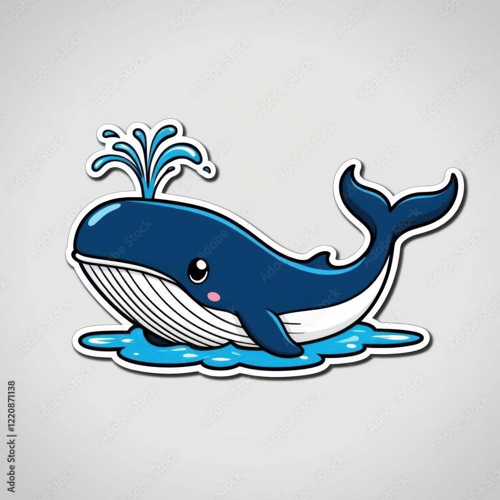 Naklejka premium Cute cartoon whale splashing water, set against a simple background, perfect for children's themes or marine life illustrations.