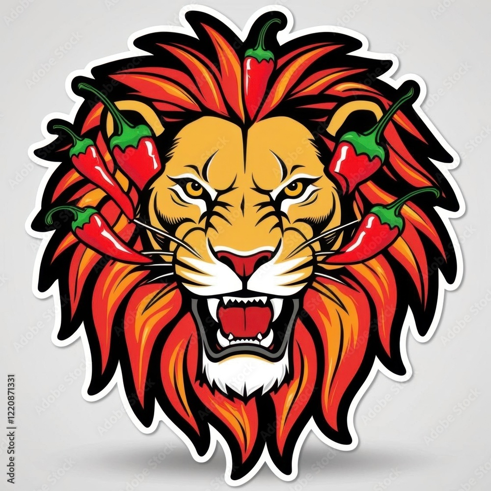 Obraz premium Colorful graphic of a fierce lion's head adorned with red chili peppers, symbolizing strength and boldness.
