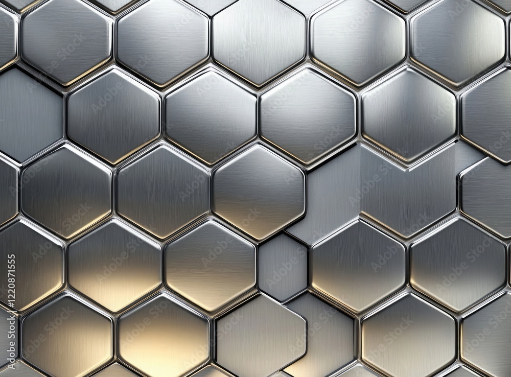 A seamless background of stainless steel hexagonal tiles with a polished finish, providing an industrial and modern look for design projects