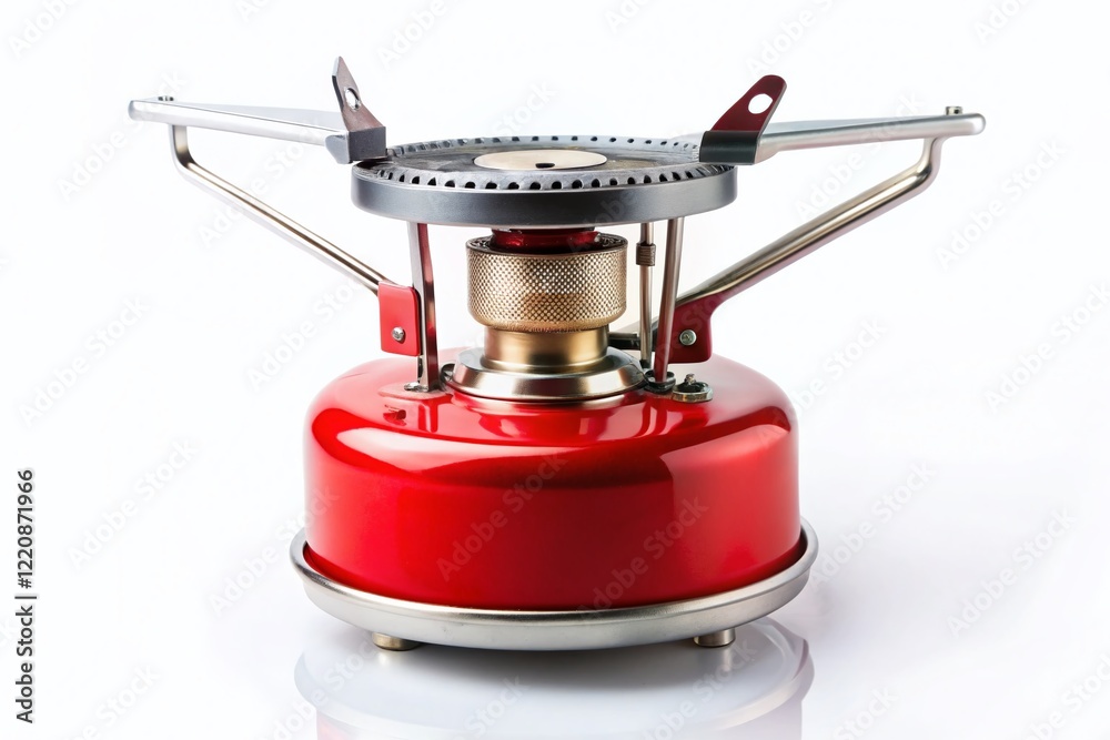 Obraz premium Minimalist Red Portable Camping Gas Stove Isolated on White Background