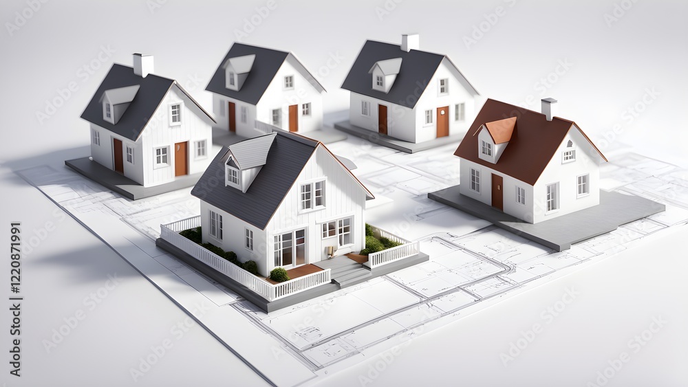 Architectural model homes on a blueprint. Architectural model homes on a blueprint.