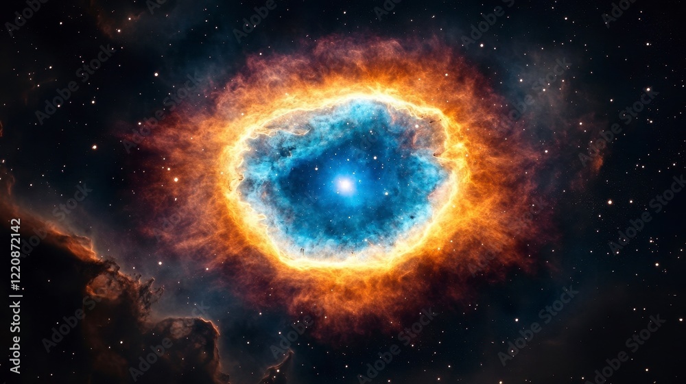 Fototapeta premium Vibrant Cosmic Nebula with Bright Blue and Fiery Orange Halo