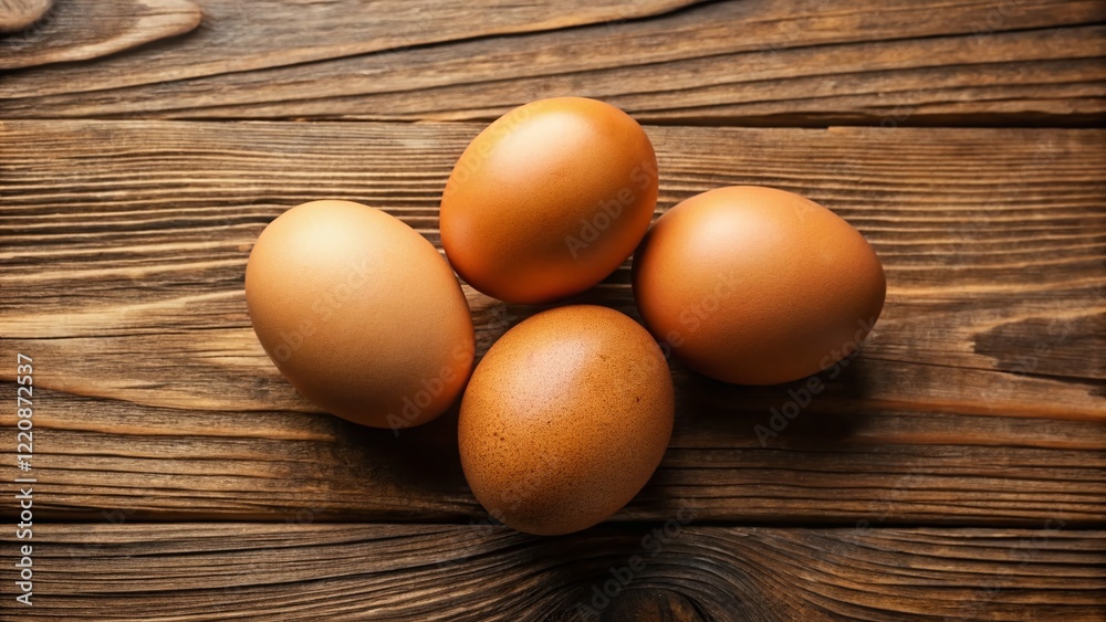 Aerial View of Fresh Eggs on Rustic Wooden Table - Farm Fresh Breakfast Aerial View of Fresh Eggs on Rustic Wooden Table - Farm Fresh Breakfast