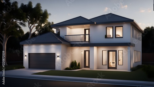 Wallpaper Mural Modern two-story house exterior at night, illuminated with warm lighting, showcasing a sleek design and landscaped front yard. Torontodigital.ca