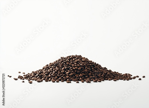 Photo of a pile of coffee beans on a white background, a close-up shot with soft shadow and soft light. Stock photo, 2/3 space for text. 