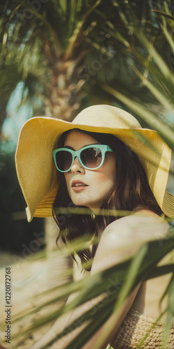Stylish Woman in Summer Hat and Sunglasses Amidst Tropical Palm Leaves