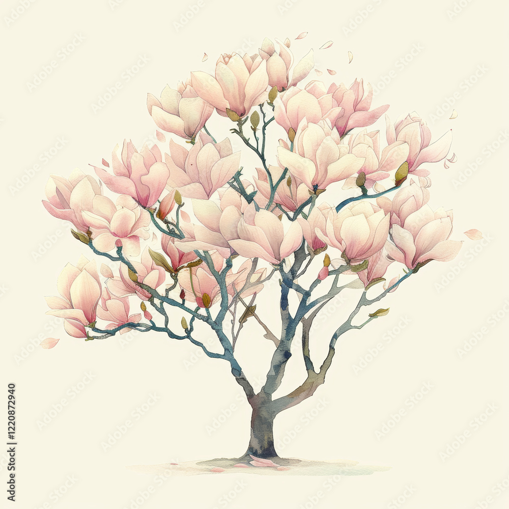 Fototapeta premium Delicate Magnolia Tree in Bloom Watercolor Illustration of Spring Serenity