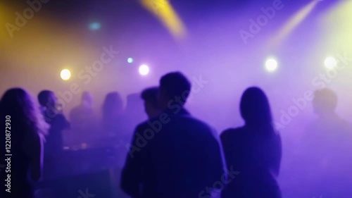Nightclub Party Scene with Dancing People, Disco Lights, and Blurry Motion – Backlit Atmosphere and Bokeh Effect