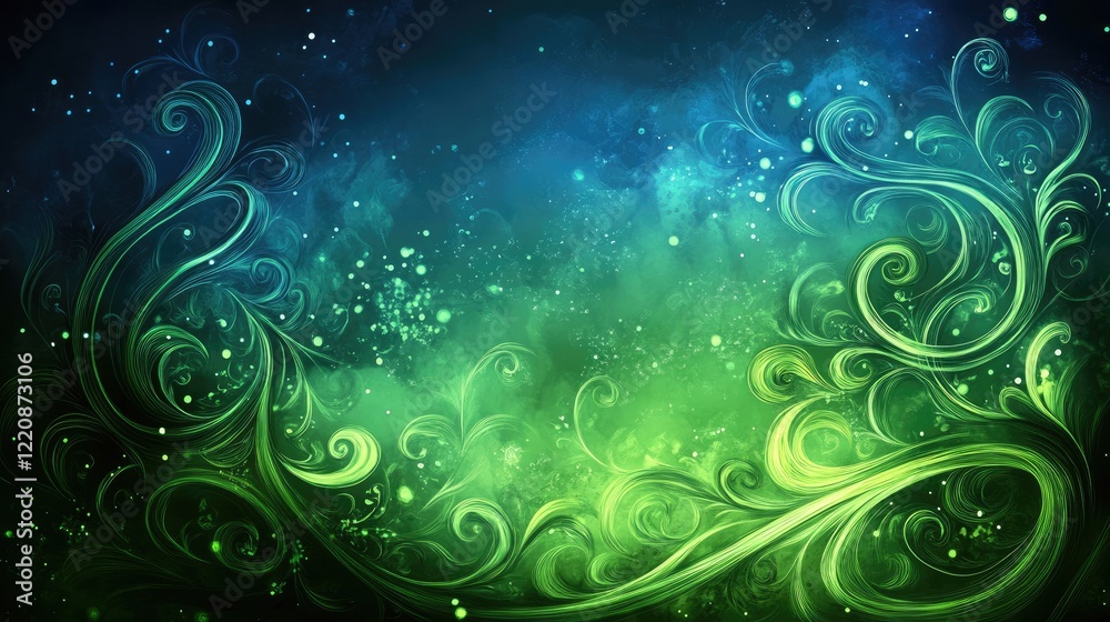 A layered abstract design with curved lines and gradients in various cool tones like blue and green.