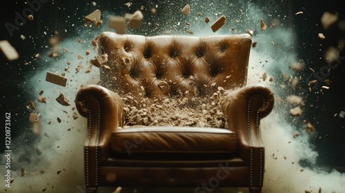 A striking image of a leather armchair bursting apart, encapsulating a sense of chaos and destruction within a personal space, challenging notions of comfort and safety.