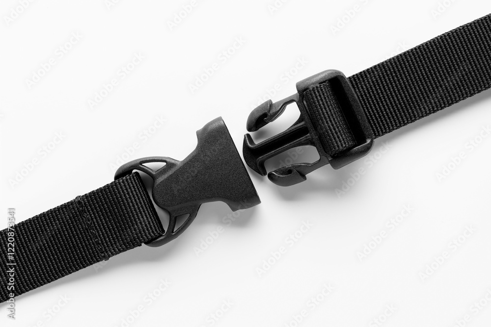 Black belt or sling with open snap hook, for bags, backpacks and other items. Studio photo, isolated on white. Black belt or sling with open snap hook, for bags, backpacks and other items. Studio photo, isolated on white.