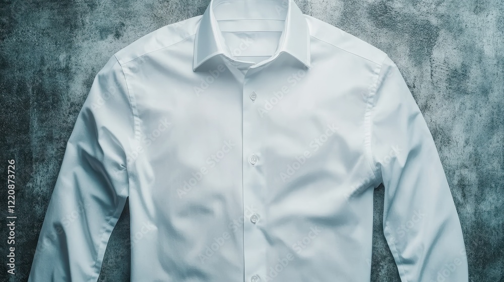 A crisp white shirt showcased against a textured gray background, symbolizing sophistication, modernity, and versatility in fashion and style within the present context. A crisp white shirt showcased against a textured gray background, symbolizing sophistication, modernity, and versatility in fashion and style within the present context.