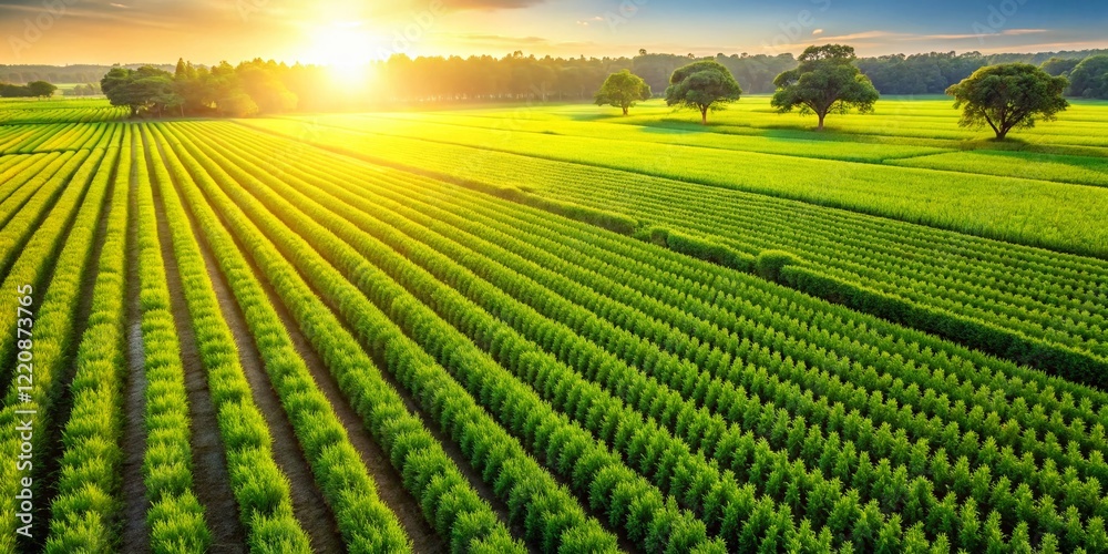 Aerial View of Lush Green Grass Jelly Plantation, Agricultural Field, Organic Farming Aerial View of Lush Green Grass Jelly Plantation, Agricultural Field, Organic Farming