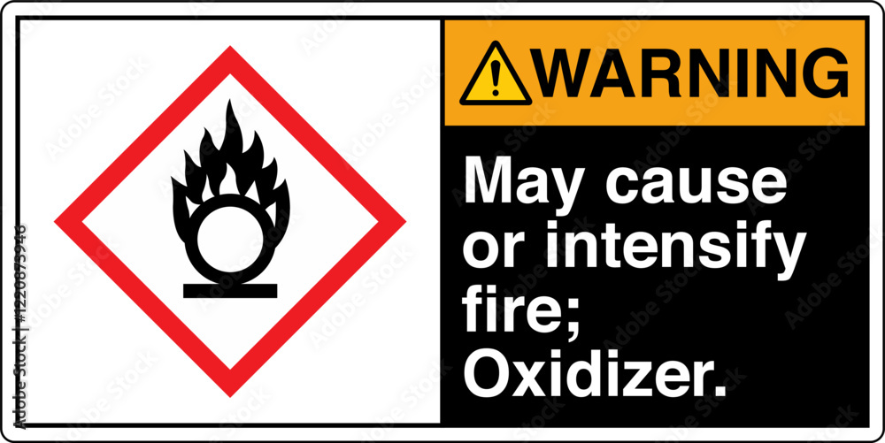 Obraz premium ANSI Z535 GHS Chemicals Label Warning May Cause or Intensify Fire Oxidizer Horizontal Black