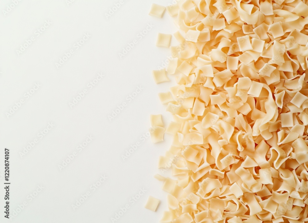 Obraz premium Photo of a pile of instant noodles on a white background, top view with space for text. White color isolated background. Close-up shot of uncooked, undigested, slimy ramen noodle blocks. Photorealisti