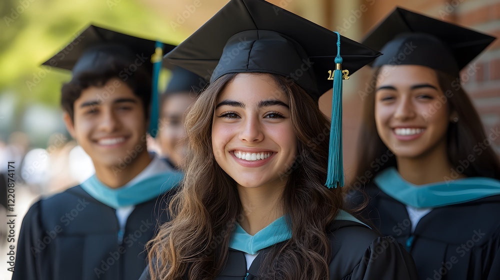 Group of smiling technical school graduates outdoors, blank wall as a backdrop with space for text