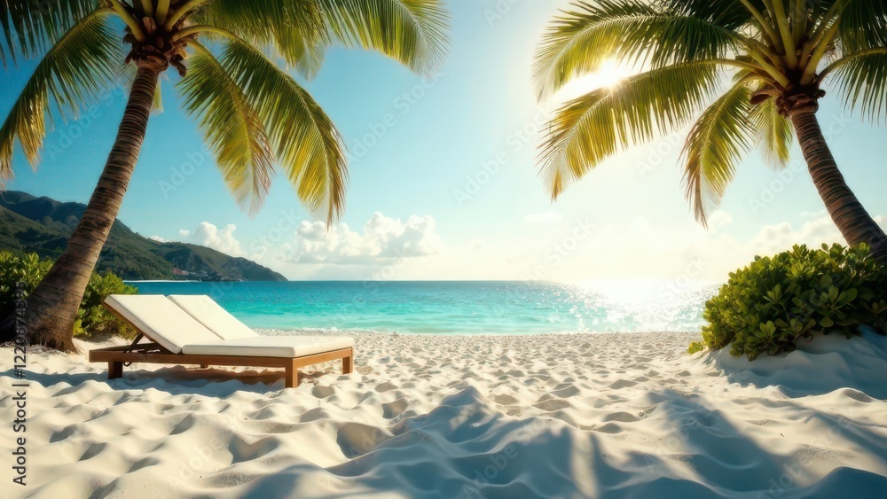 Paradise Summer vacation beach with white sand near the sea or ocean, palm trees in the background, sun shining, a tropical, travel, tourism Paradise Summer vacation beach with white sand near the sea or ocean, palm trees in the background, sun shining, a tropical, travel, tourism