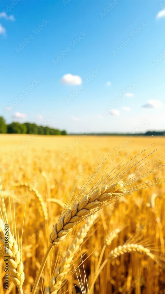 Naklejka premium A golden wheat field under a bright blue summer sky, nature in summer, agriculture and farming, autumn harvest 