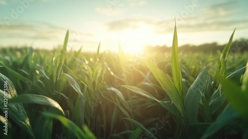 A vibrant green grass field beautifully illuminated by a gentle sunrise, capturing the essence of nature's beauty and the renewal of life at the start of a new day. photo