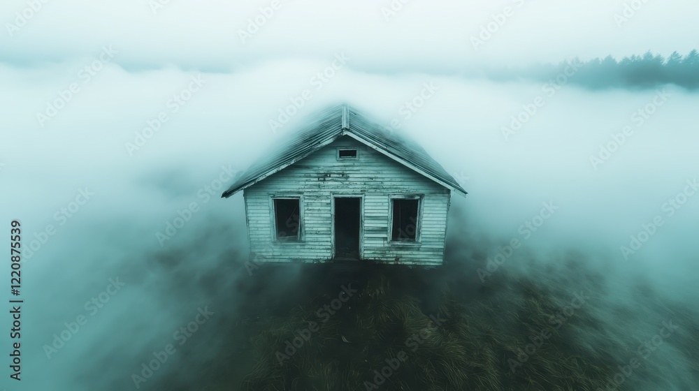 An eerie image of an old abandoned house shrouded in mist, evoking feelings of mystery and haunting beauty amidst an atmospheric landscape. An eerie image of an old abandoned house shrouded in mist, evoking feelings of mystery and haunting beauty amidst an atmospheric landscape.