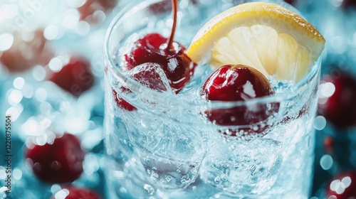 An enticing image of cherries and lemon slices in a sparkling ice drink, presenting a refreshing treat that embodies joy and summer celebrations. photo